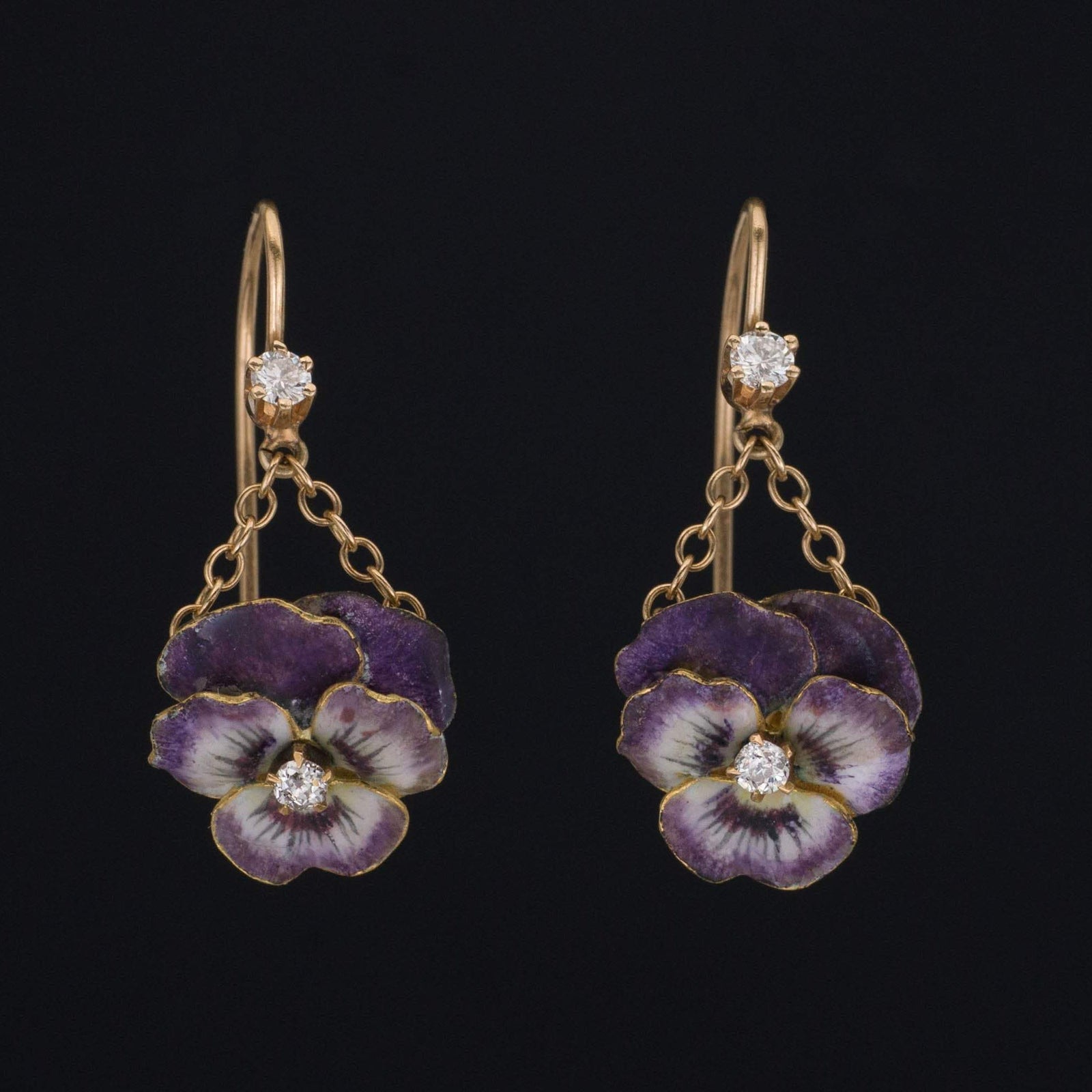 14k Gold & Enamel Pansy Earrings | Antique Conversion Earrings - Trademark Antiques