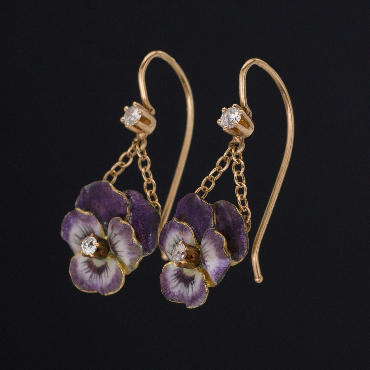 14k Gold &amp; Enamel Pansy Earrings | Antique Conversion Earrings - Trademark Antiques