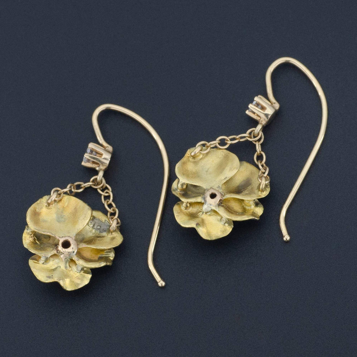 14k Gold &amp; Enamel Pansy Earrings | Antique Conversion Earrings - Trademark Antiques