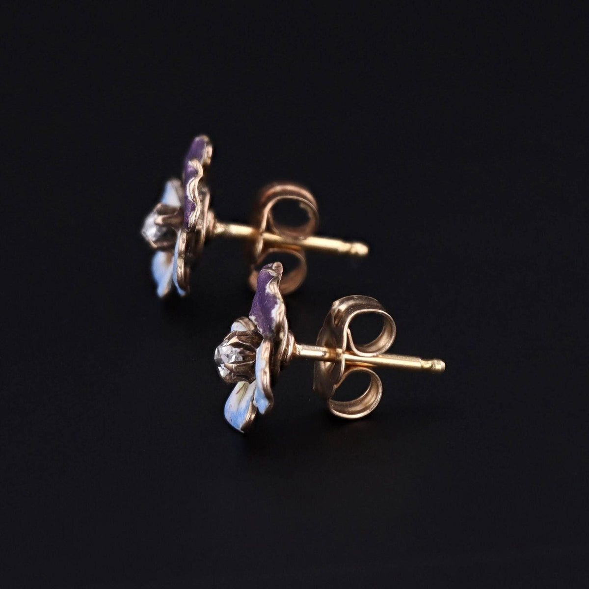 14k Gold &amp; Enamel Pansy Earrings | Antique Earrings - Trademark Antiques