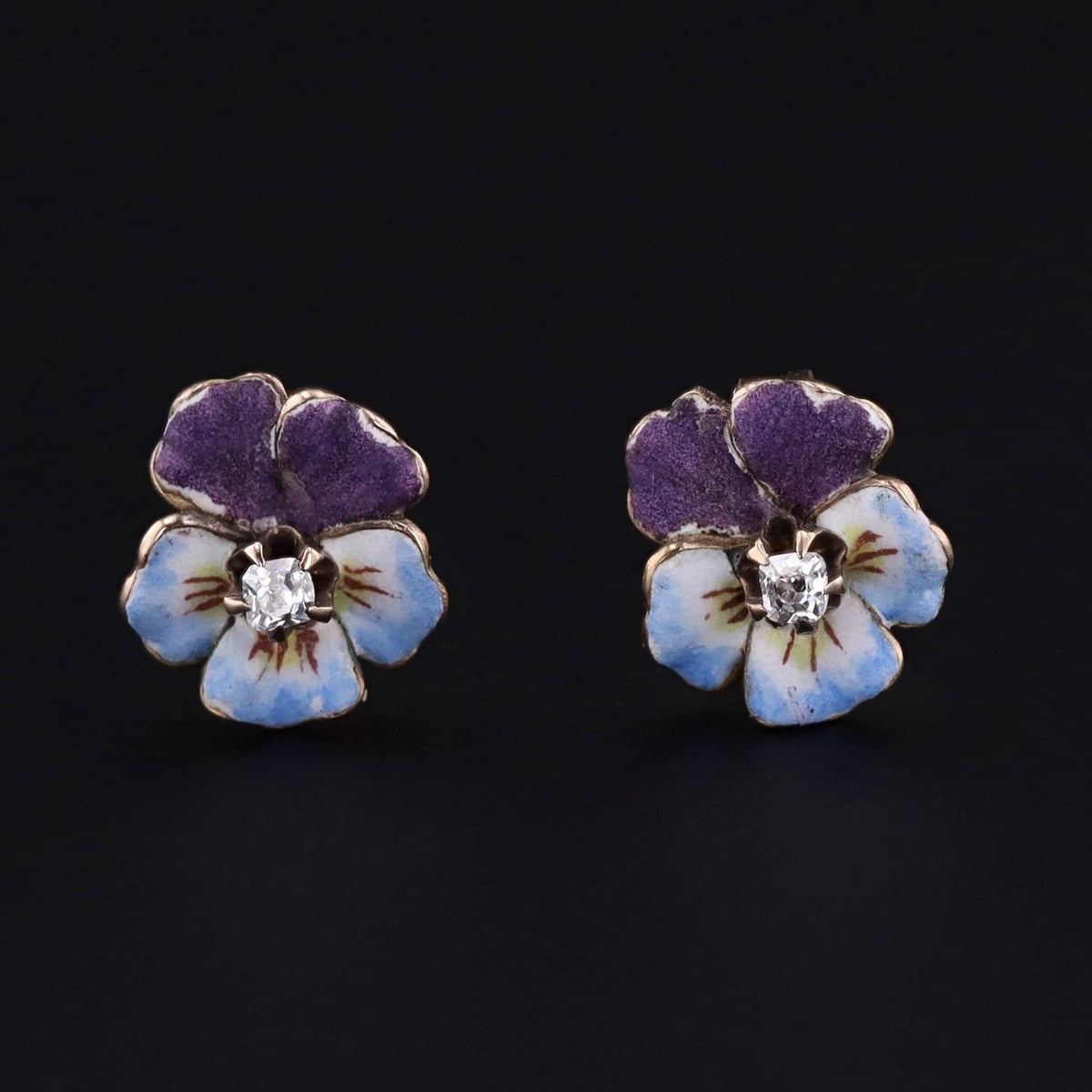 14k Gold &amp; Enamel Pansy Earrings | Antique Earrings - Trademark Antiques