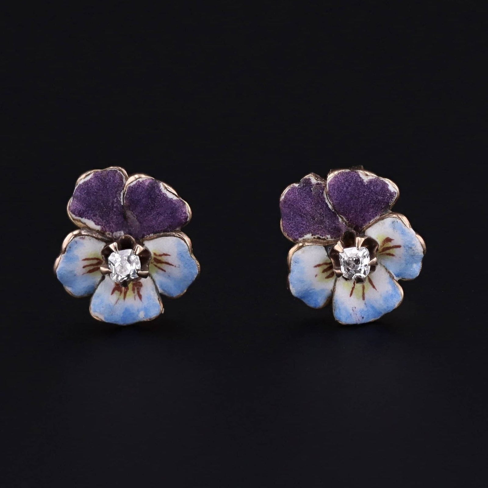 14k Gold & Enamel Pansy Earrings | Antique Earrings - Trademark Antiques