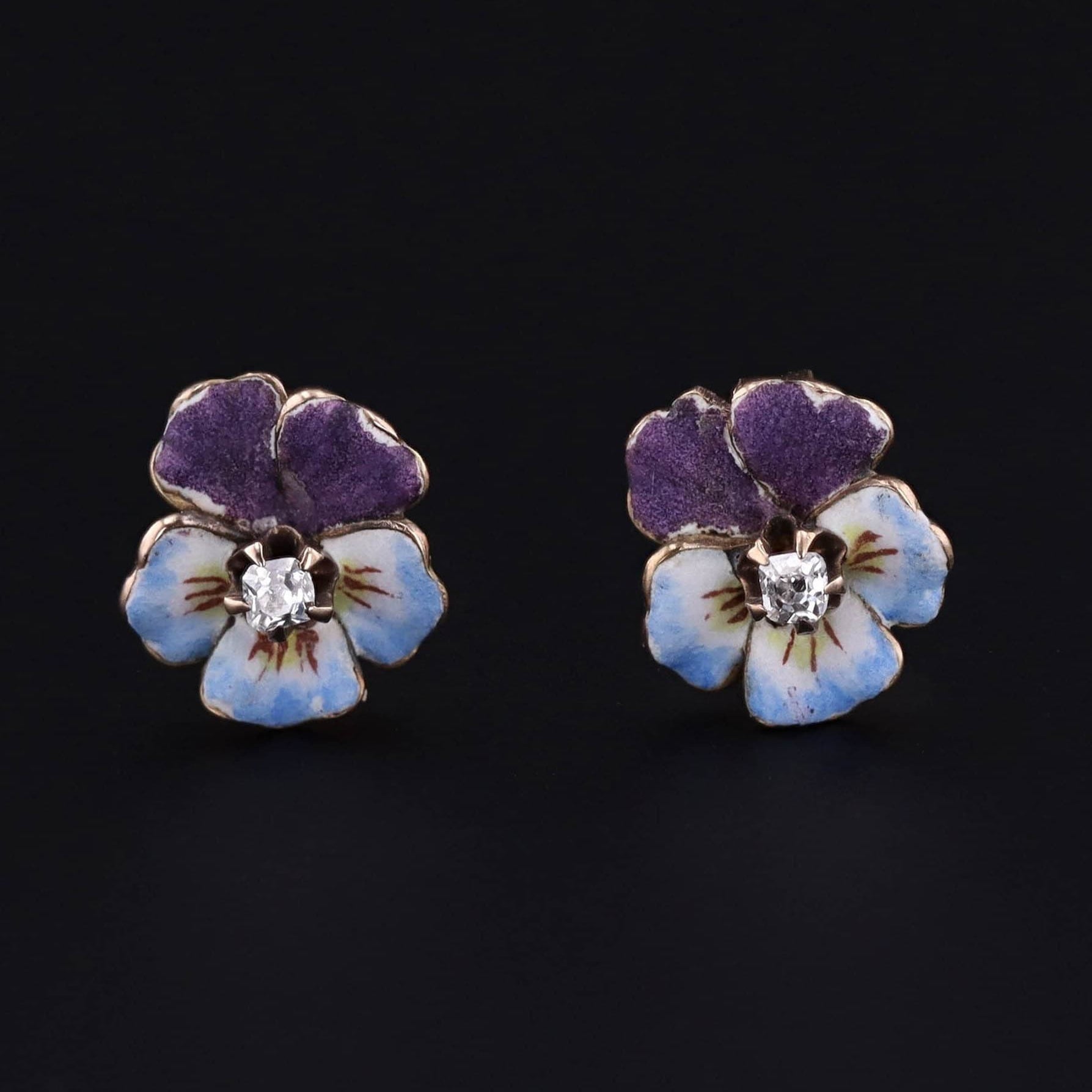 14k Gold & Enamel Pansy Earrings | Antique Earrings - Trademark Antiques