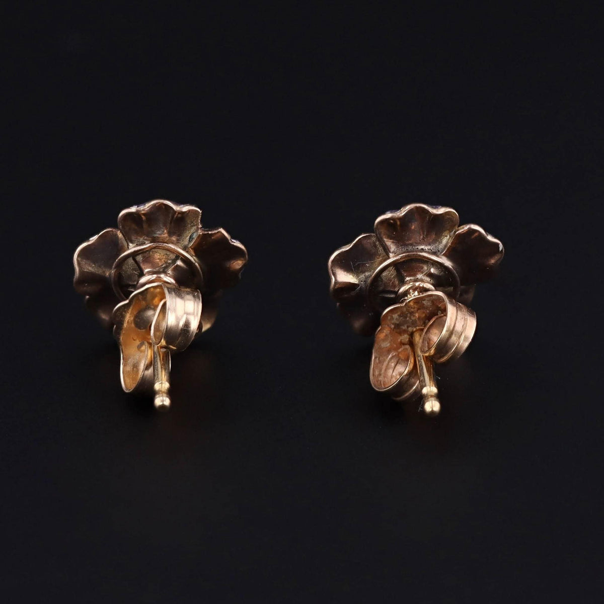 14k Gold &amp; Enamel Pansy Earrings | Antique Earrings - Trademark Antiques
