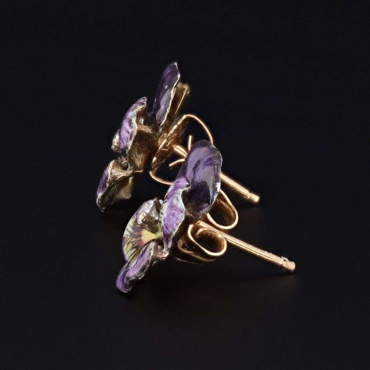 14k Gold &amp; Enamel Pansy Earrings | Antique Earrings - Trademark Antiques