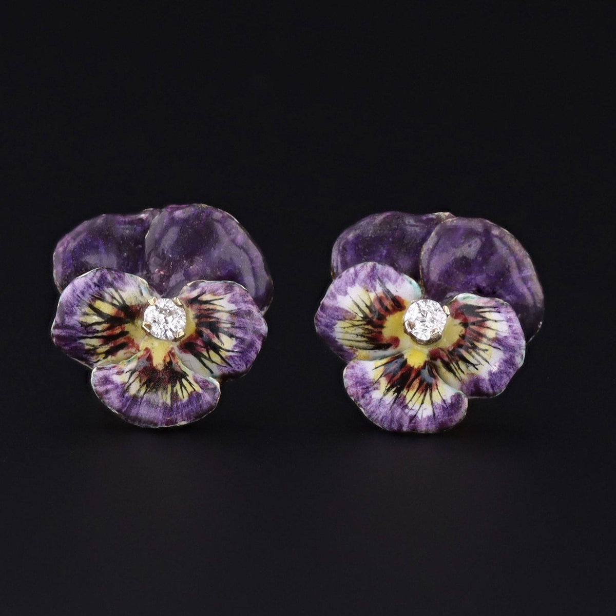 14k Gold &amp; Enamel Pansy Earrings | Antique Earrings - Trademark Antiques