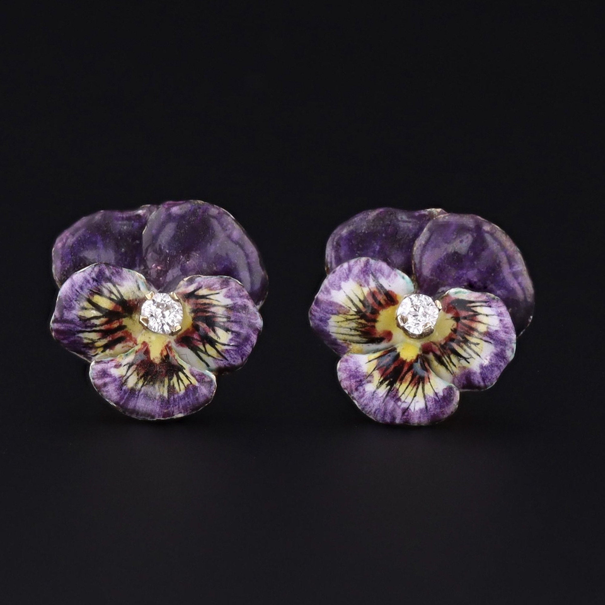 14k Gold & Enamel Pansy Earrings | Antique Earrings - Trademark Antiques