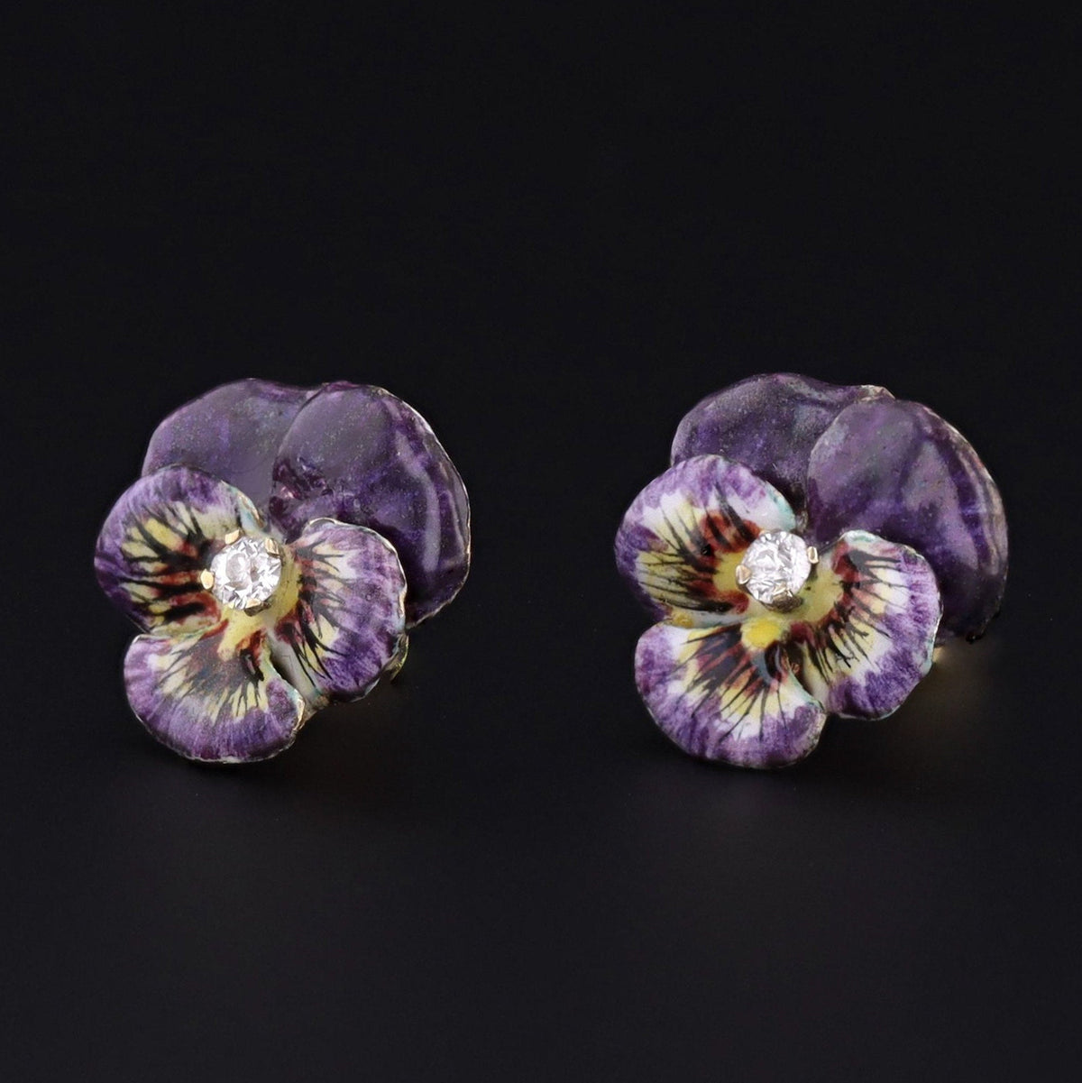 14k Gold &amp; Enamel Pansy Earrings | Antique Earrings - Trademark Antiques