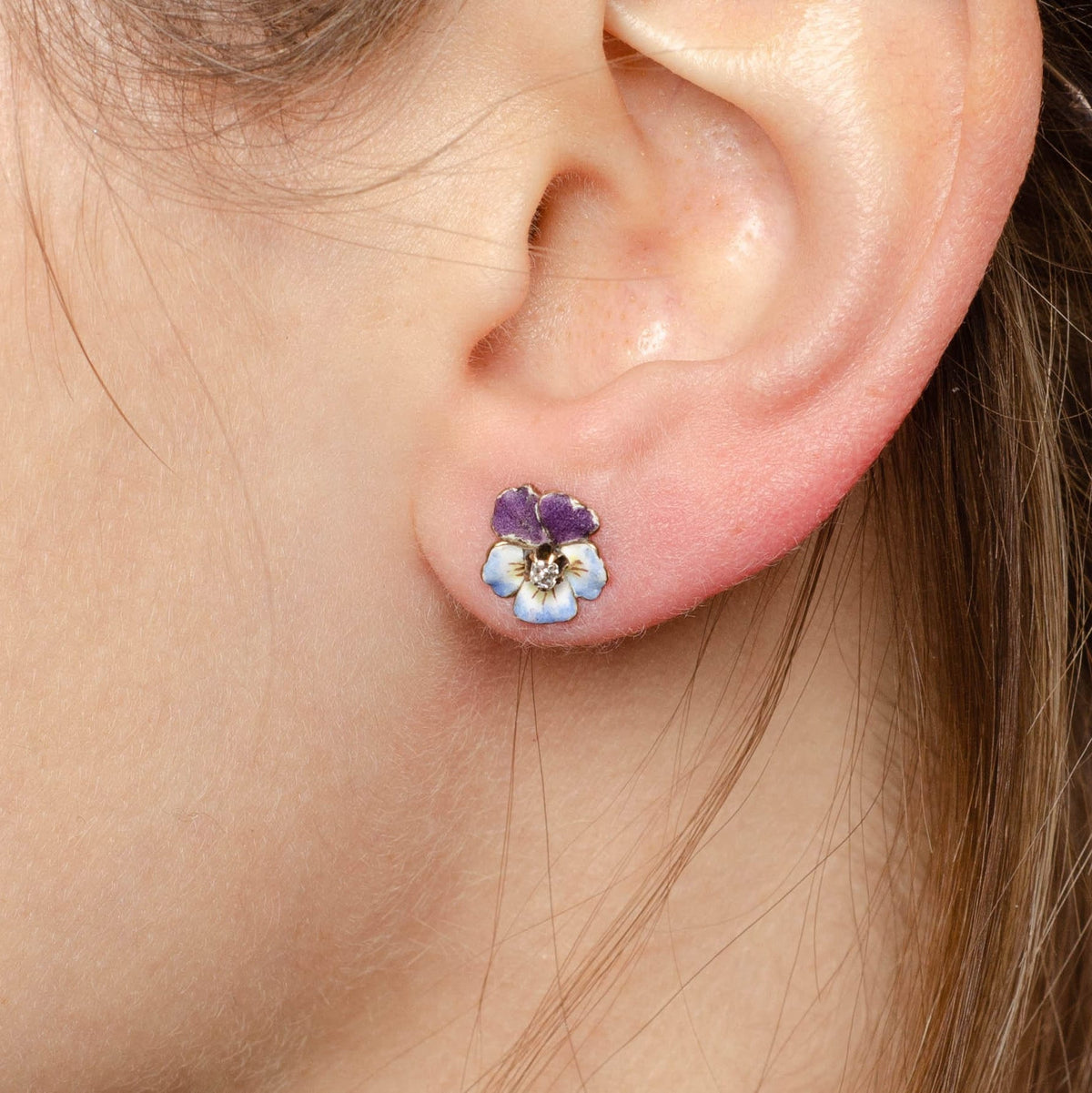 14k Gold &amp; Enamel Pansy Earrings | Antique Earrings - Trademark Antiques