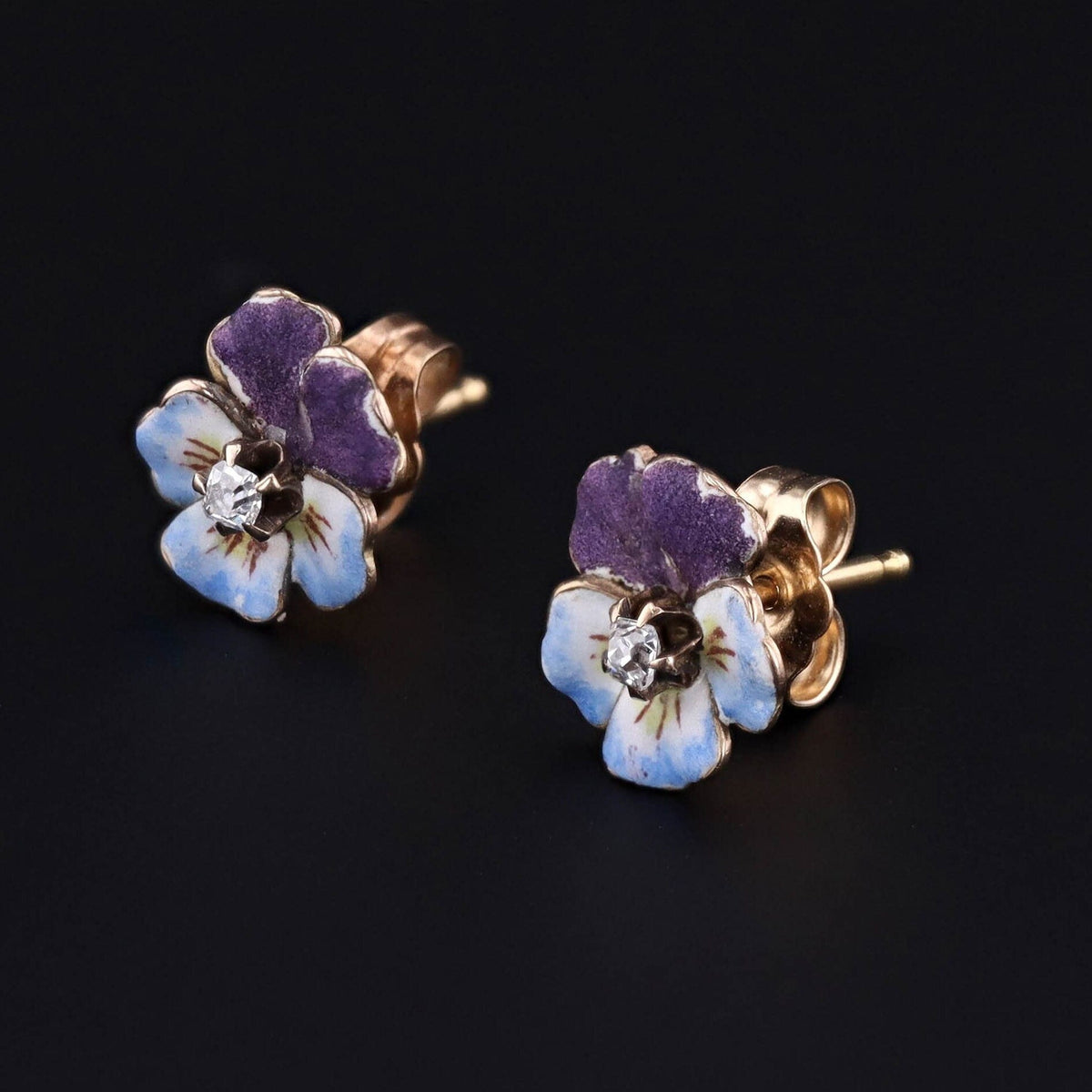 14k Gold &amp; Enamel Pansy Earrings | Antique Earrings - Trademark Antiques