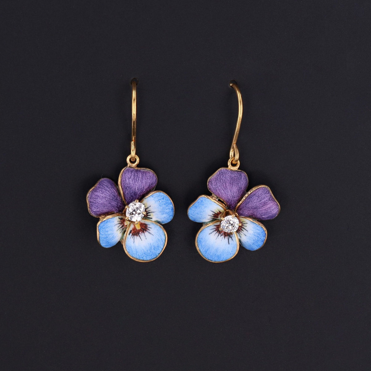 14k Gold &amp; Enamel Pansy Earrings | Antique Pin Conversion Earrings - Trademark Antiques