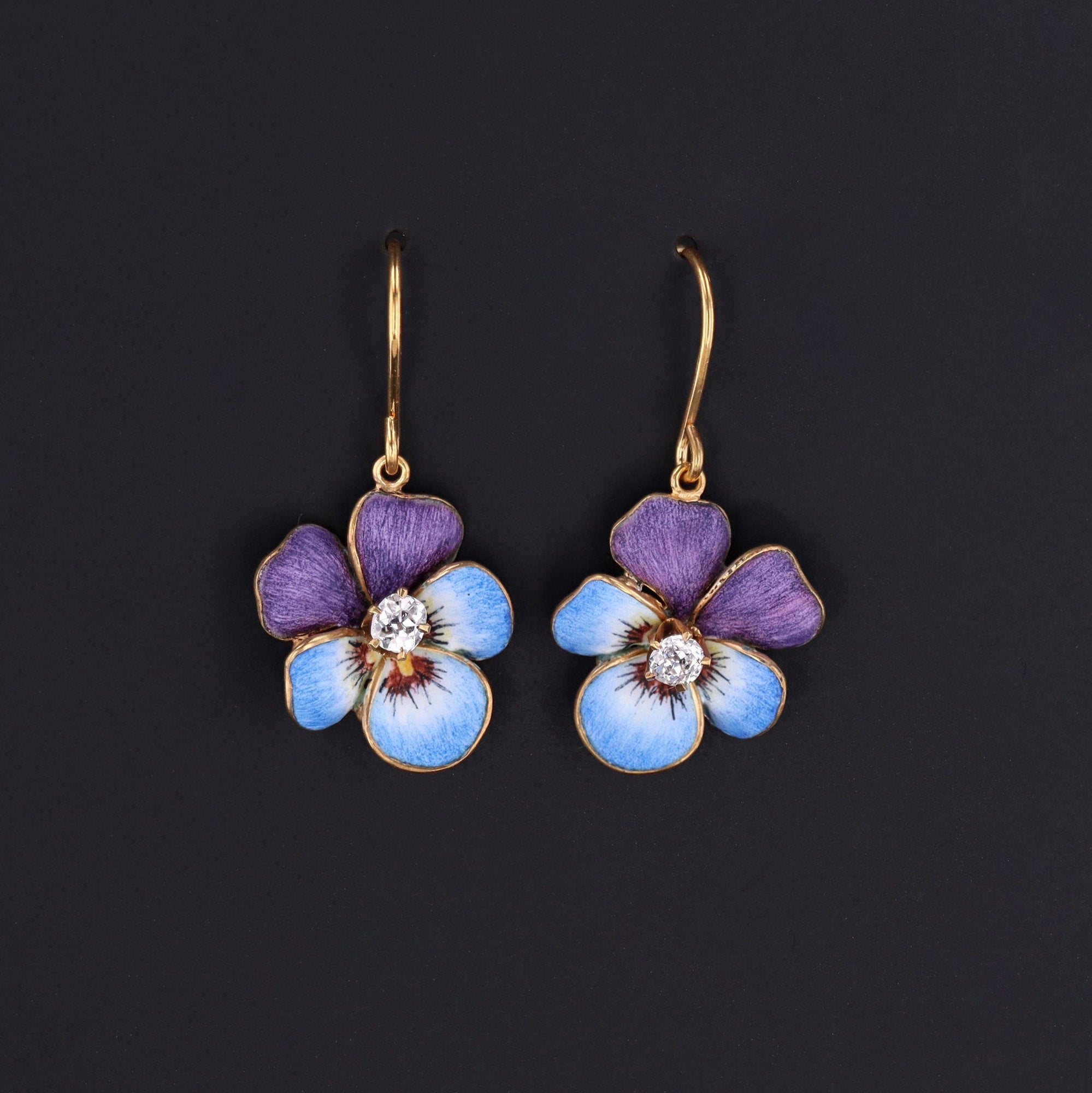 14k Gold & Enamel Pansy Earrings | Antique Pin Conversion Earrings - Trademark Antiques