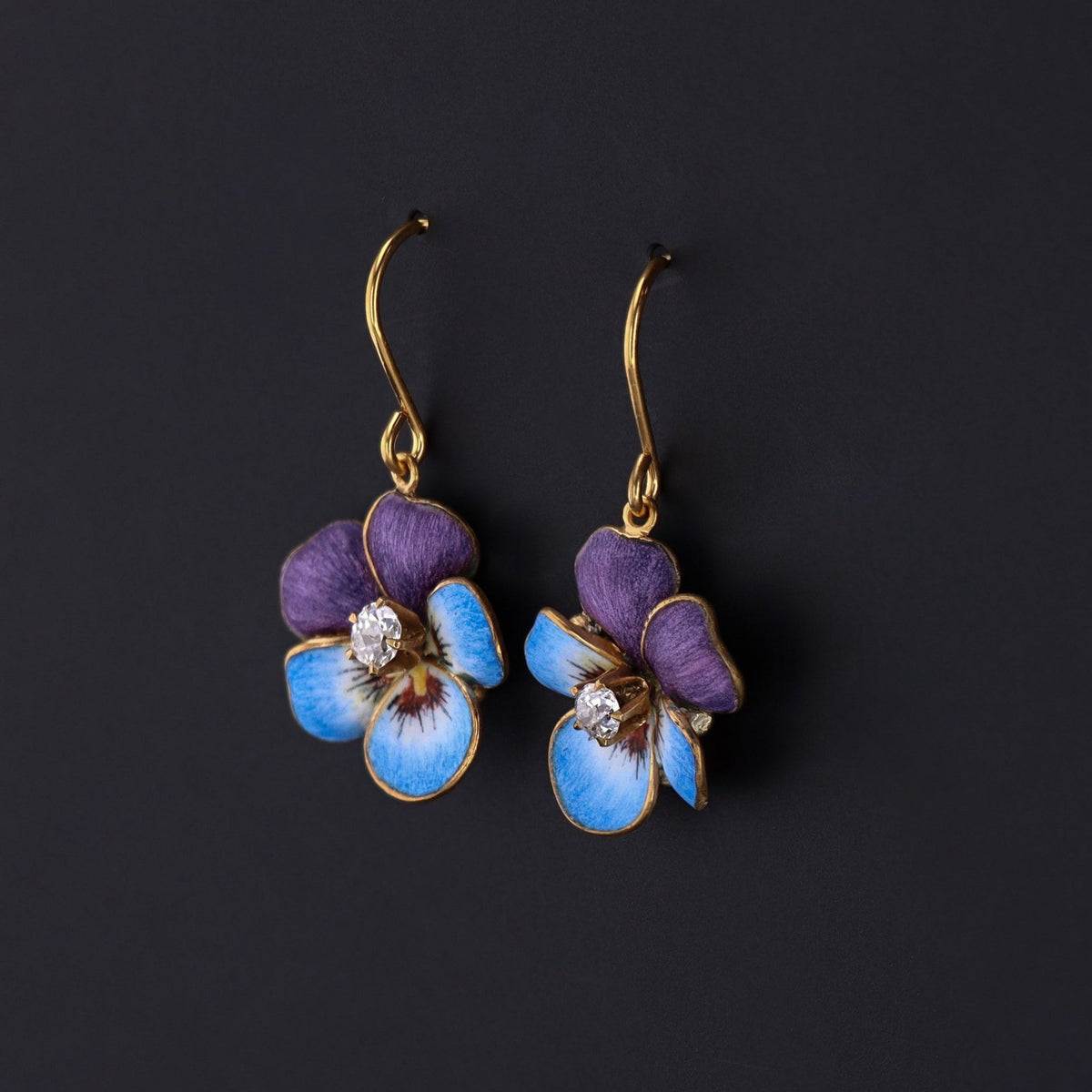 14k Gold &amp; Enamel Pansy Earrings | Antique Pin Conversion Earrings - Trademark Antiques