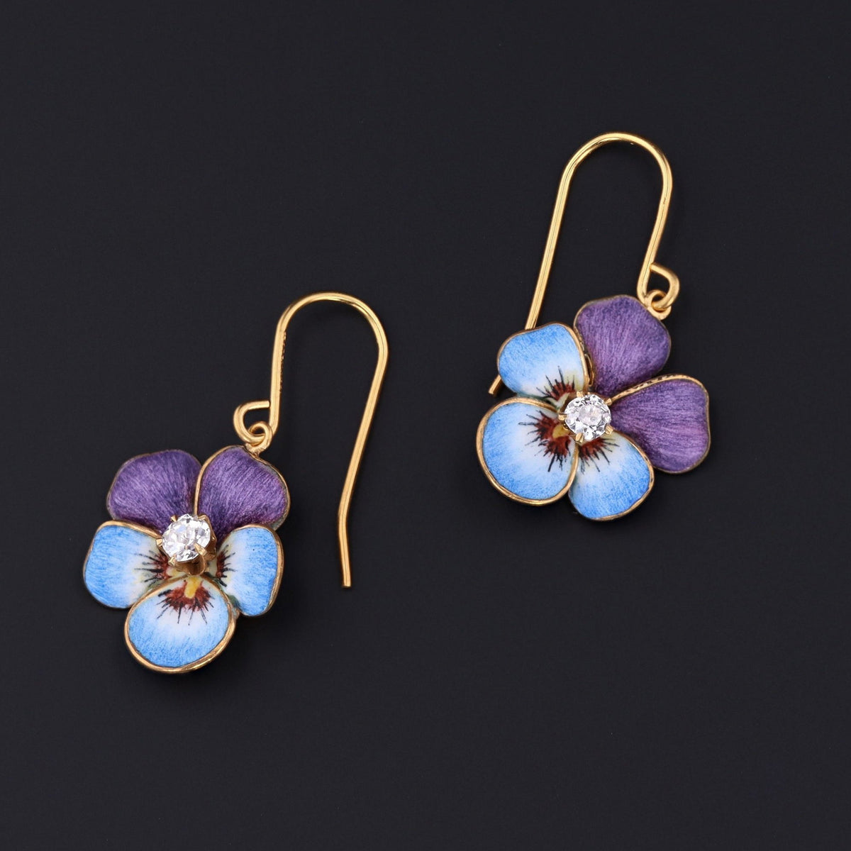 14k Gold &amp; Enamel Pansy Earrings | Antique Pin Conversion Earrings - Trademark Antiques