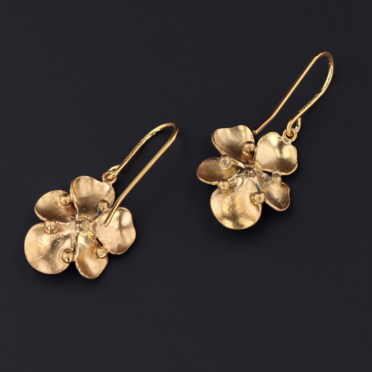 14k Gold &amp; Enamel Pansy Earrings | Antique Pin Conversion Earrings - Trademark Antiques