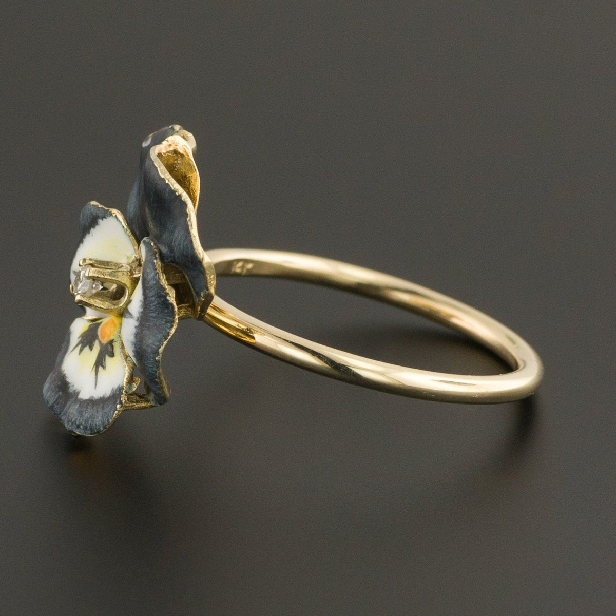 14k Gold Enamel Pansy Ring | Dark Blue Gray Pansy Ring - Trademark Antiques