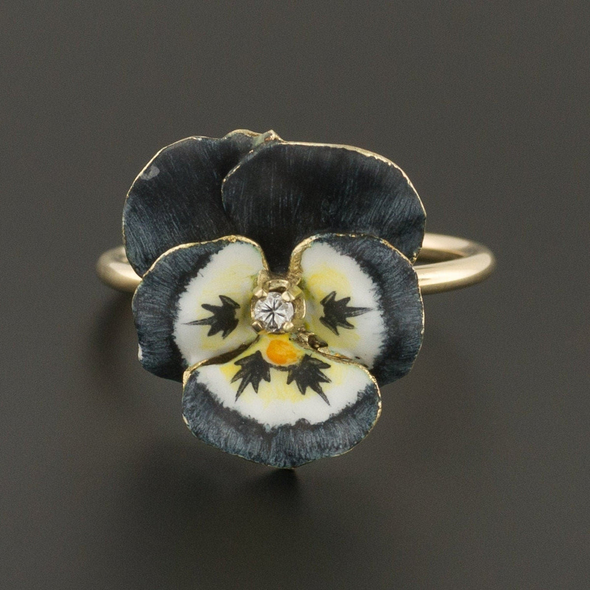 14k Gold Enamel Pansy Ring | Dark Blue Gray Pansy Ring - Trademark Antiques