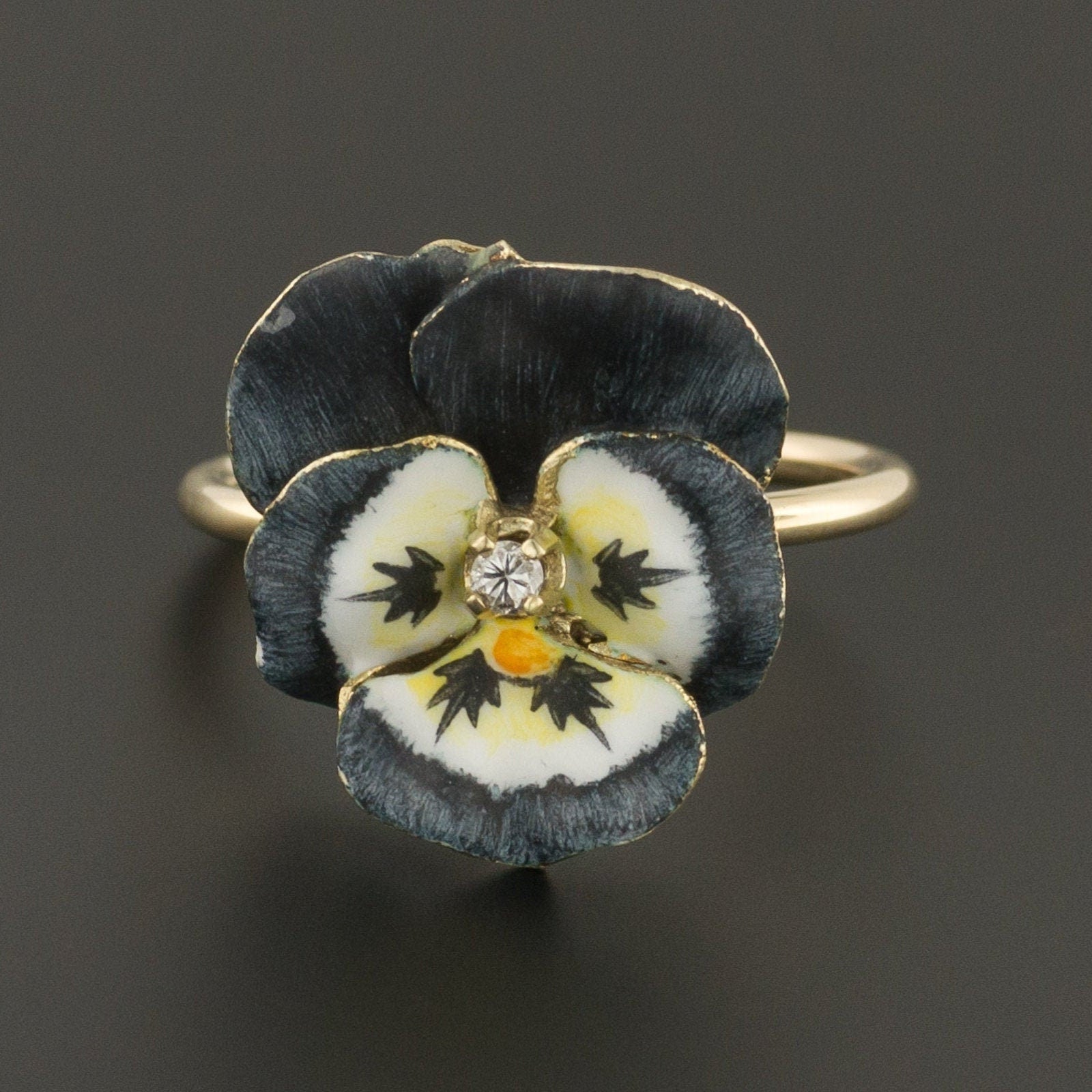 14k Gold Enamel Pansy Ring | Dark Blue Gray Pansy Ring - Trademark Antiques