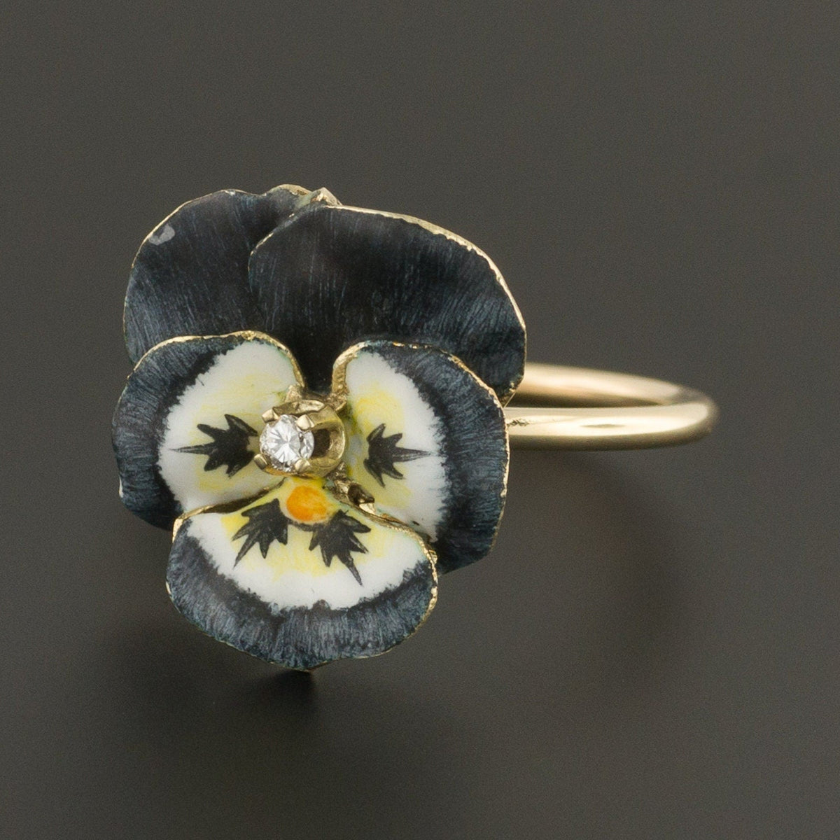 14k Gold Enamel Pansy Ring | Dark Blue Gray Pansy Ring - Trademark Antiques