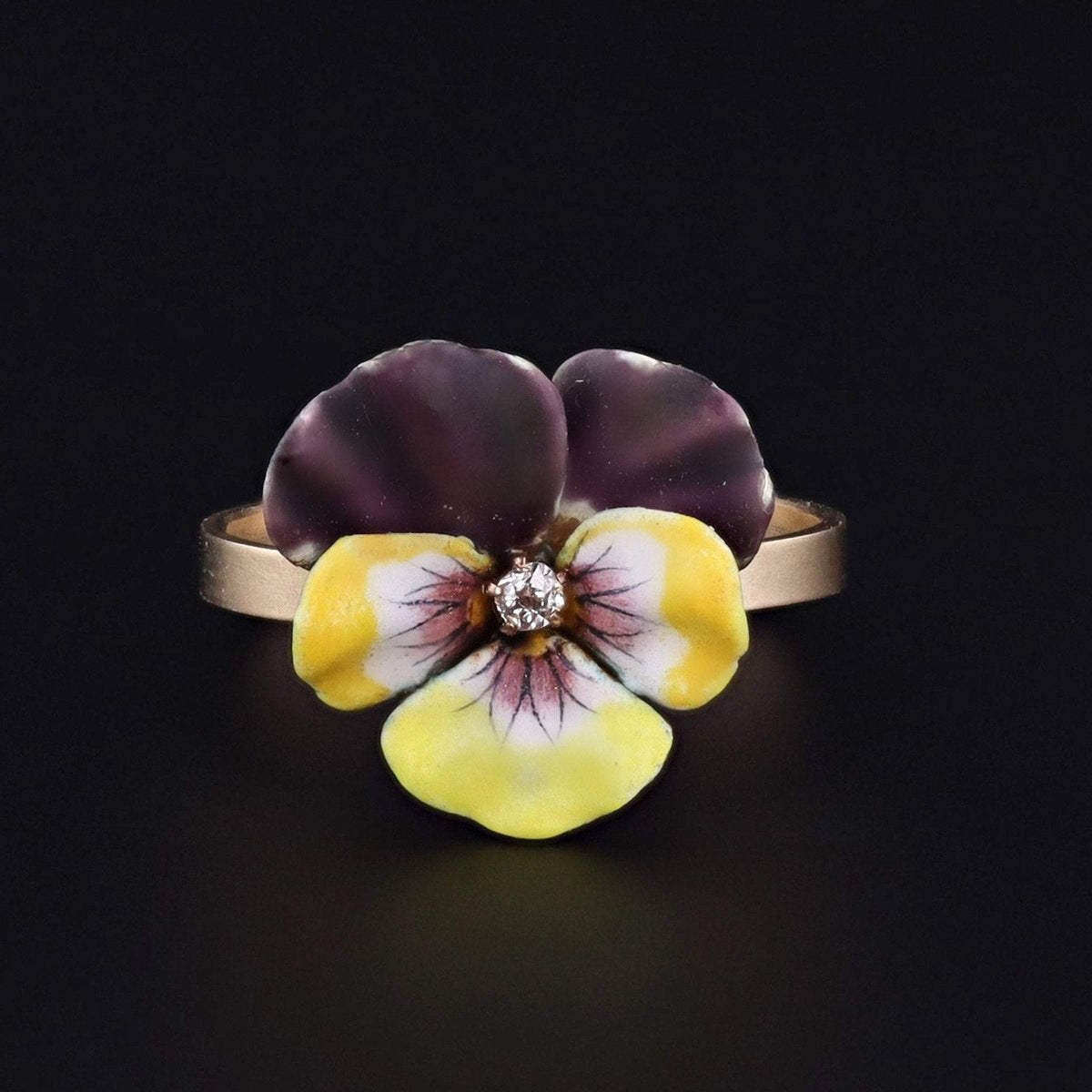 14k Gold Enamel Pansy Ring | Purple and Yellow Pansy Ring - Trademark Antiques