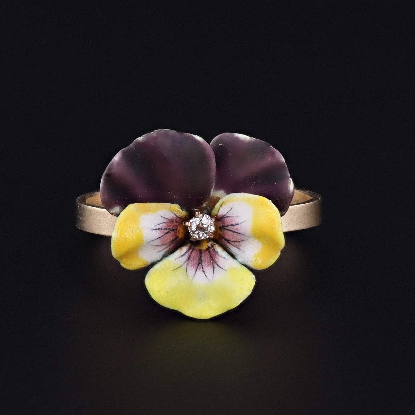 14k Gold Enamel Pansy Ring | Purple and Yellow Pansy Ring - Trademark Antiques