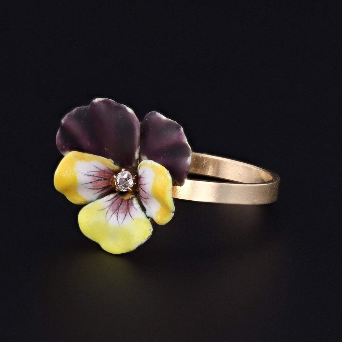 14k Gold Enamel Pansy Ring | Purple and Yellow Pansy Ring - Trademark Antiques