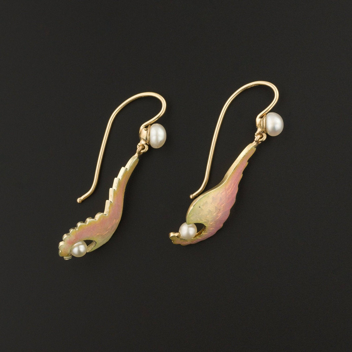 14k Gold Enamel Wing Earrings | Antique Pin Conversion Earrings - Trademark Antiques