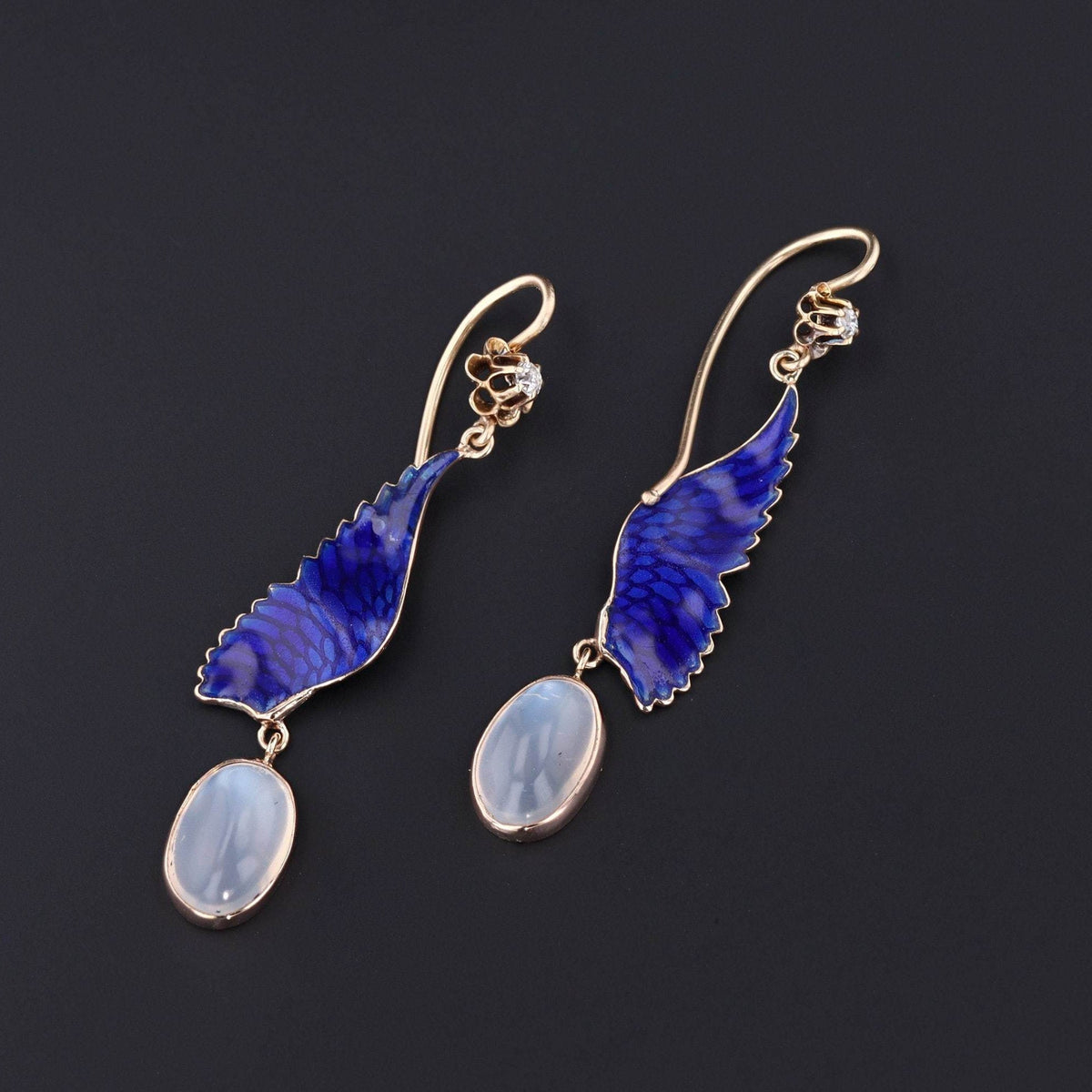 14k Gold Enamel Wing Earrings | Antique Pin Conversion Earrings - Trademark Antiques