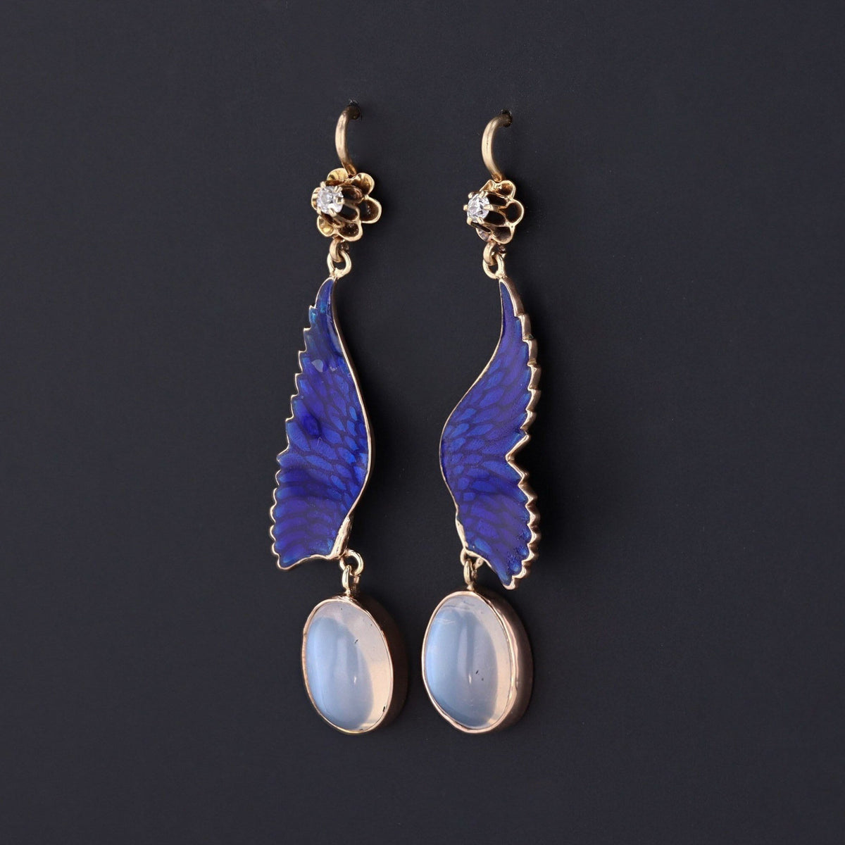 14k Gold Enamel Wing Earrings | Antique Pin Conversion Earrings - Trademark Antiques
