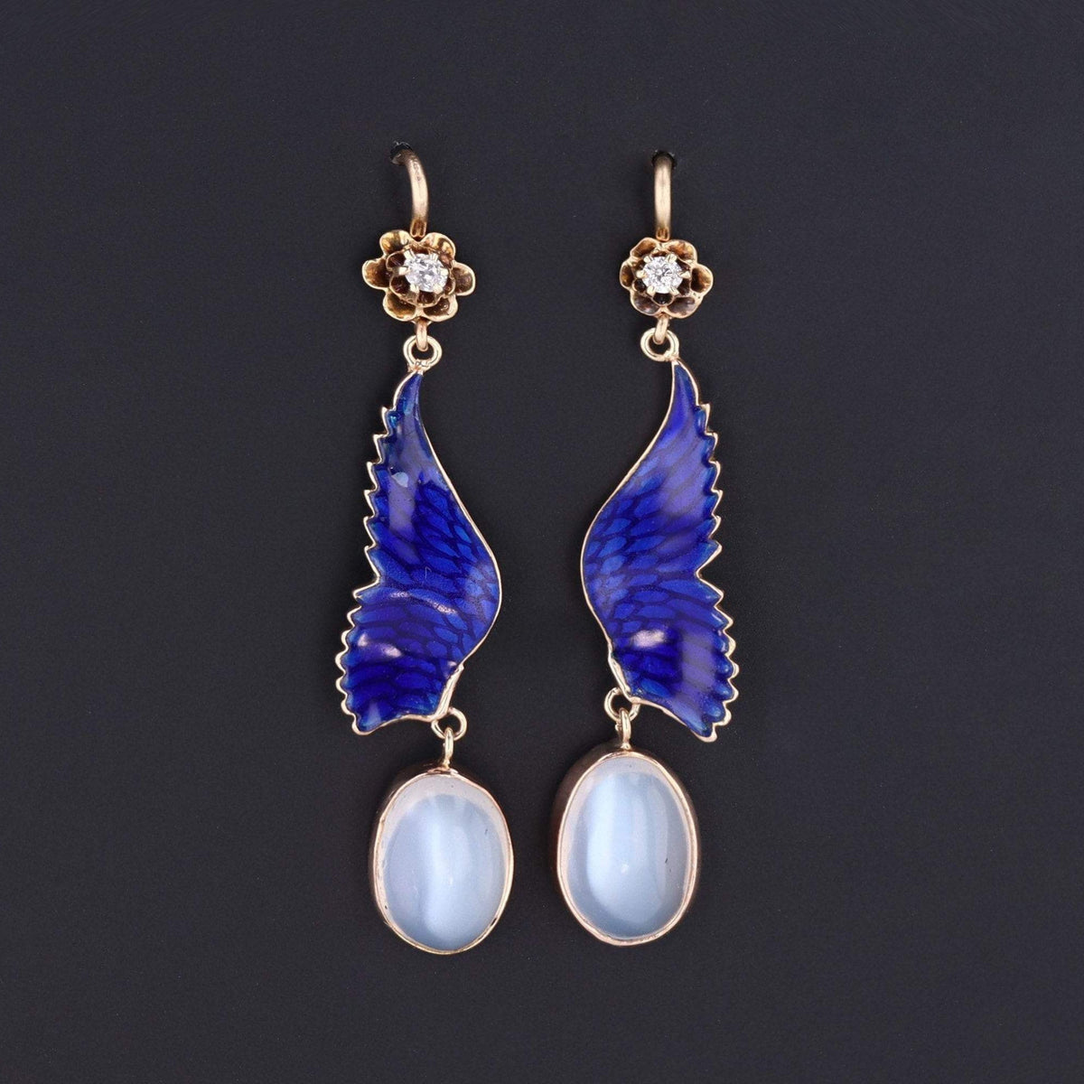 14k Gold Enamel Wing Earrings | Antique Pin Conversion Earrings - Trademark Antiques