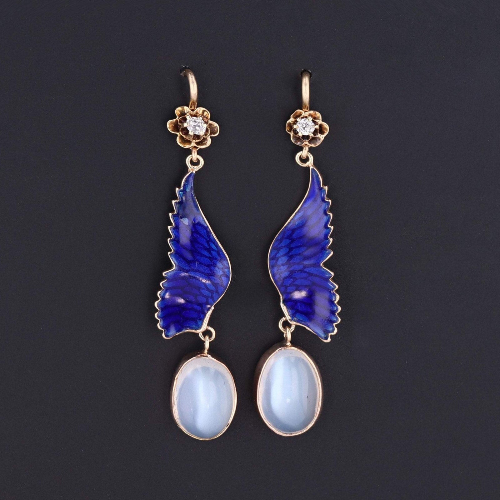 14k Gold Enamel Wing Earrings | Antique Pin Conversion Earrings - Trademark Antiques