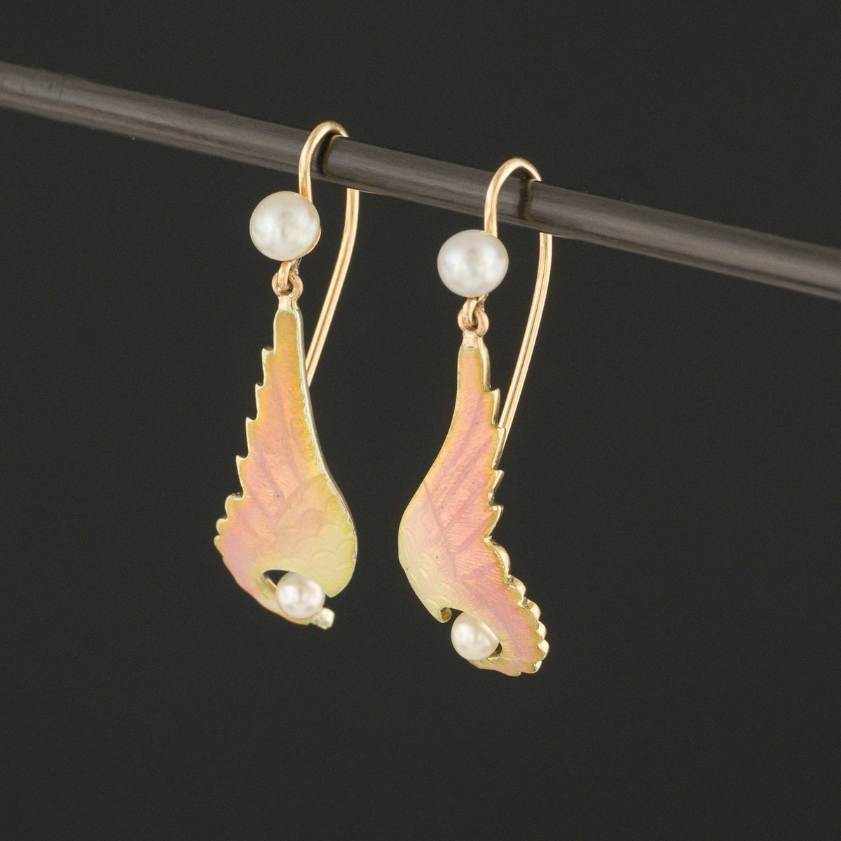 14k Gold Enamel Wing Earrings | Antique Pin Conversion Earrings - Trademark Antiques