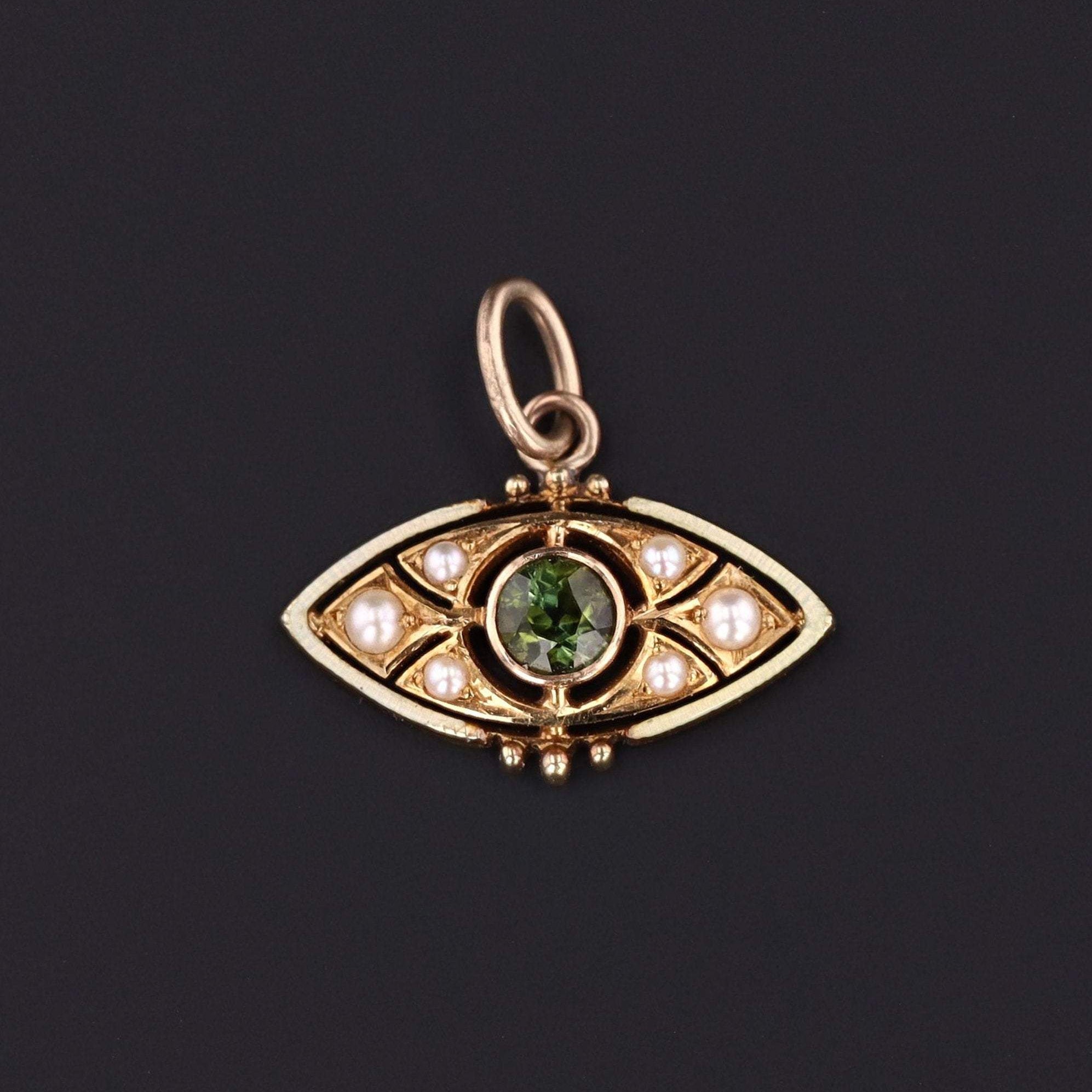 14k Gold Evil Eye Charm | Peridot Pearl & Enamel Pendant - Trademark Antiques