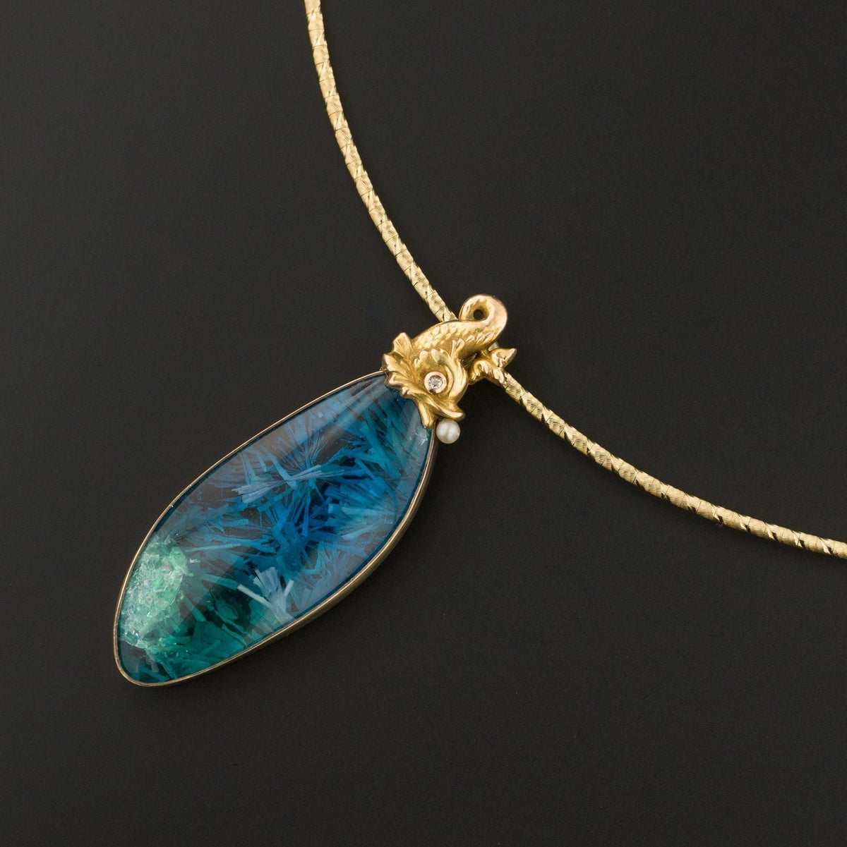 14k Gold Fish Pendant | Bridwell Stone Pendant - Trademark Antiques