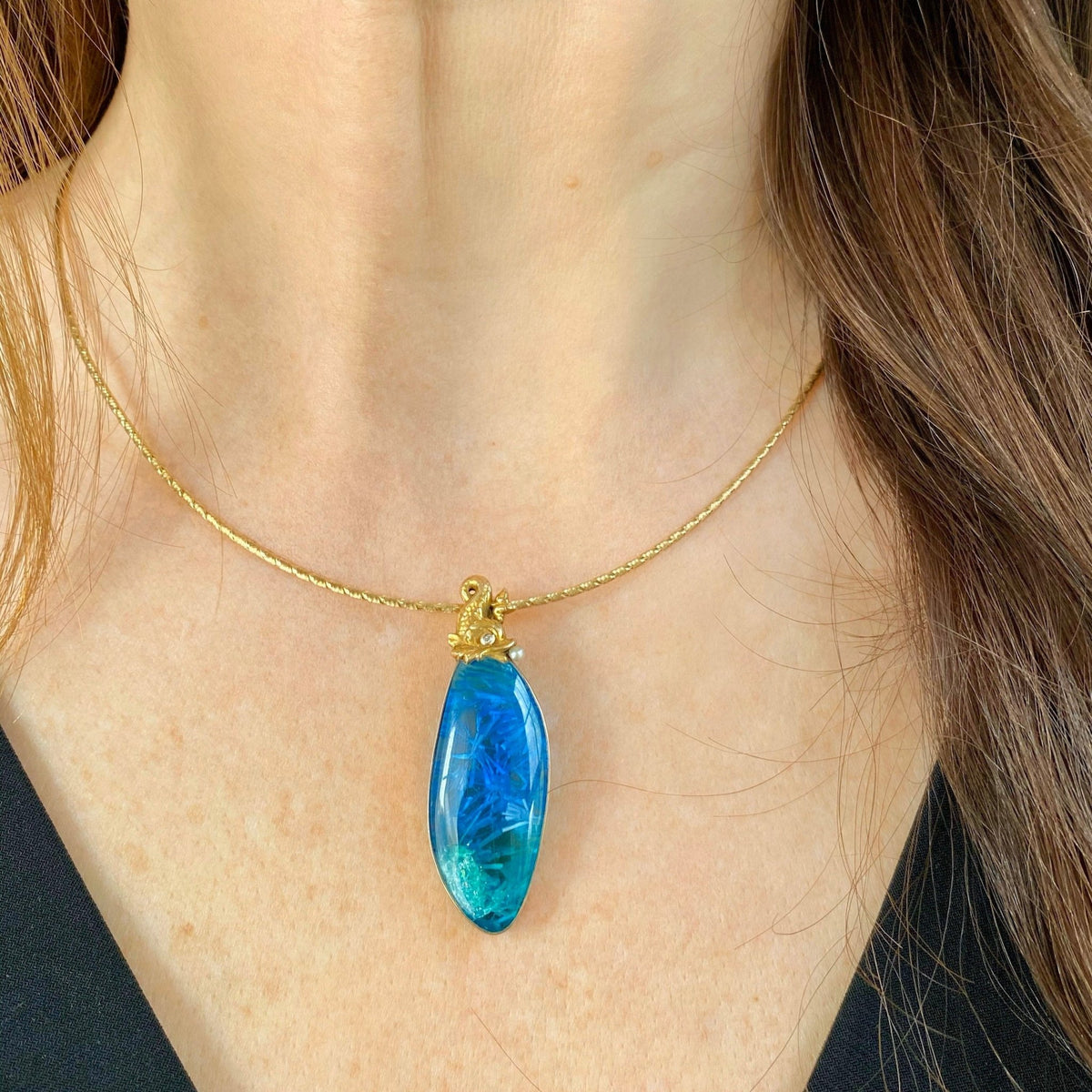 14k Gold Fish Pendant | Bridwell Stone Pendant - Trademark Antiques