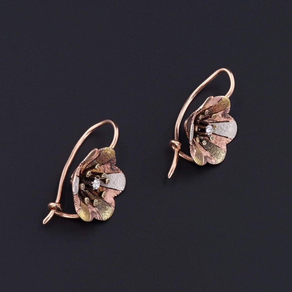 14K Gold Flower Earrings | Vintage Diamond Flower Earrings - Trademark Antiques
