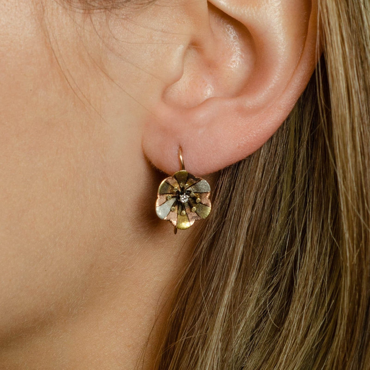 14K Gold Flower Earrings | Vintage Diamond Flower Earrings - Trademark Antiques