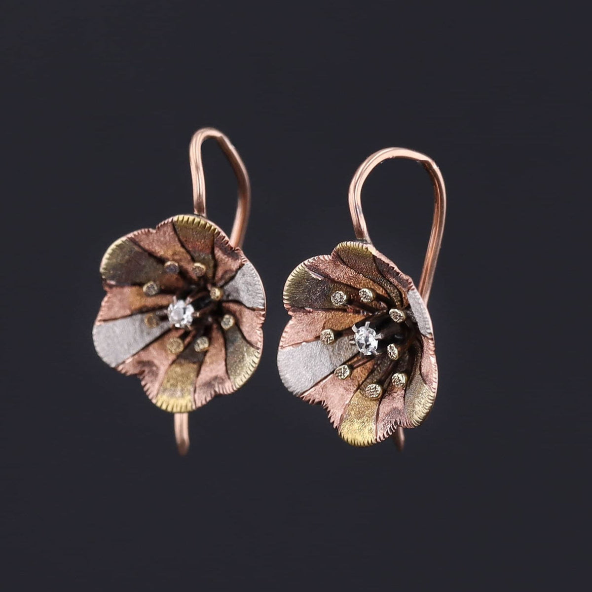 14K Gold Flower Earrings | Vintage Diamond Flower Earrings - Trademark Antiques
