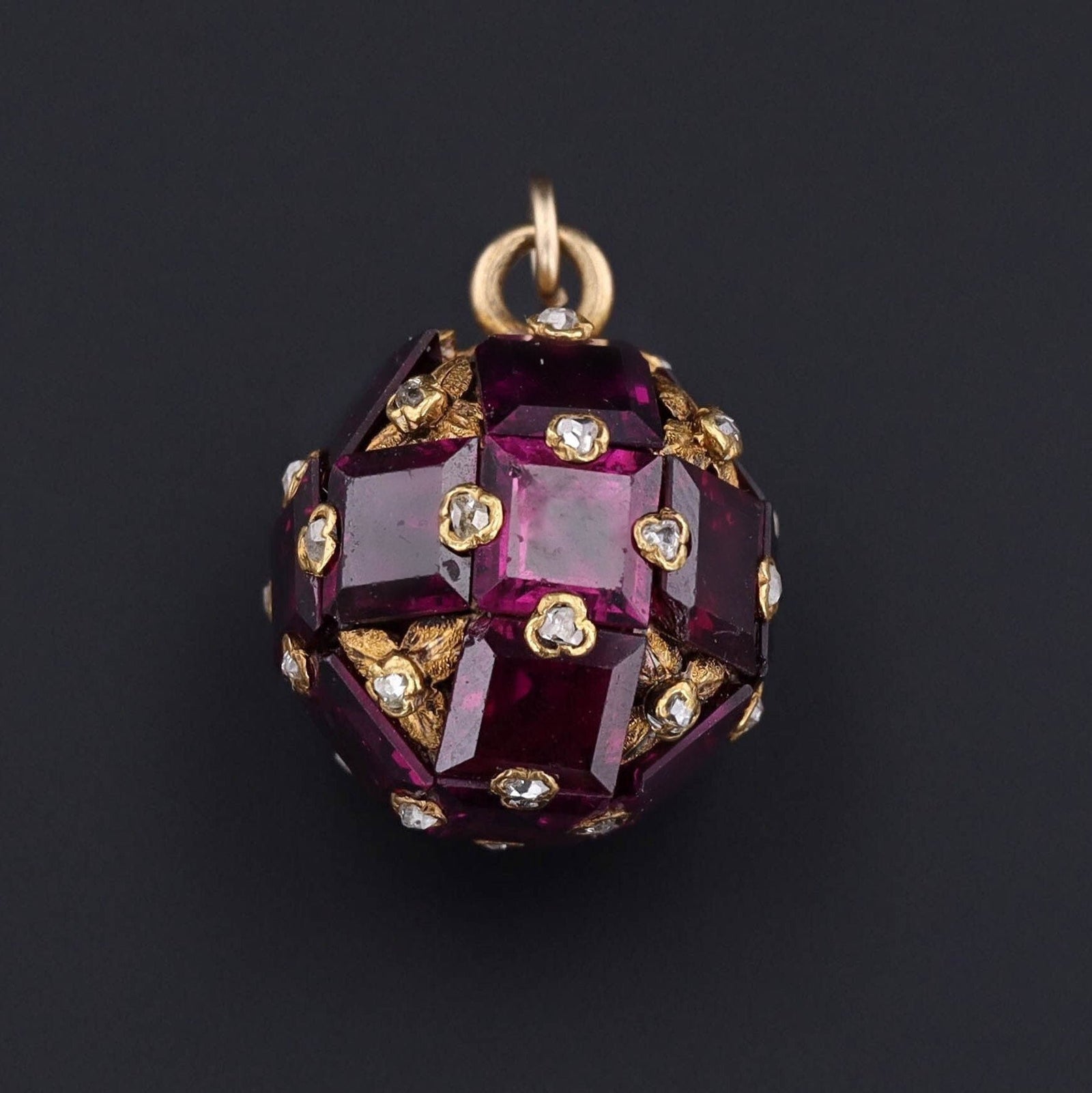 14k Gold Garnet & Diamond Ball Pendant | Antique Hat Pin Conversion - Trademark Antiques