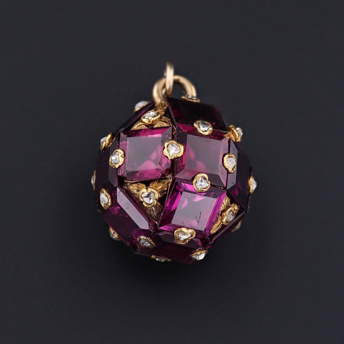 14k Gold Garnet &amp; Diamond Ball Pendant | Antique Hat Pin Conversion - Trademark Antiques