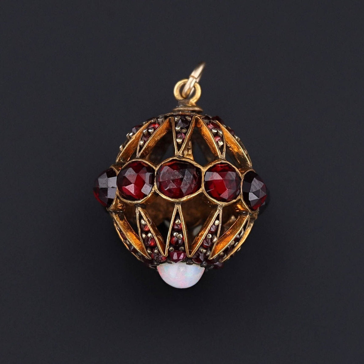 14k Gold Garnet &amp; Opal Orb Pendant | Antique Hat Pin Conversion - Trademark Antiques