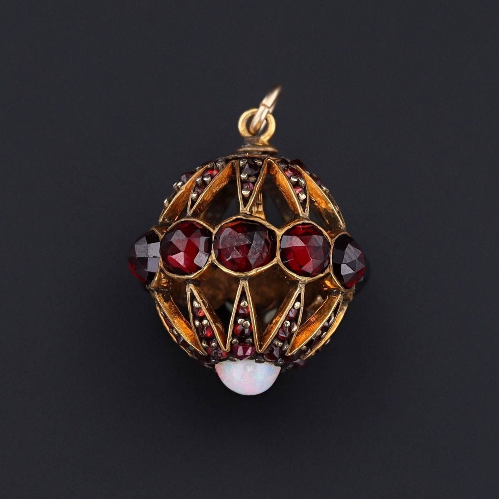 14k Gold Garnet & Opal Orb Pendant | Antique Hat Pin Conversion - Trademark Antiques