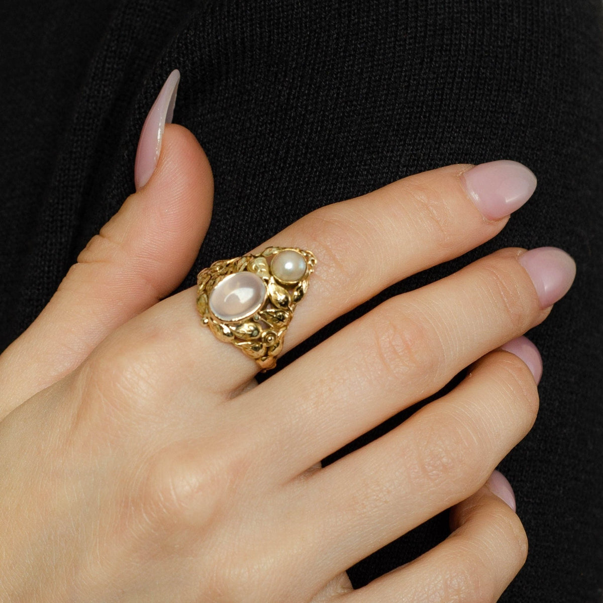 14k Gold Moonstone Ring | Arts &amp; Crafts Ring - Trademark Antiques