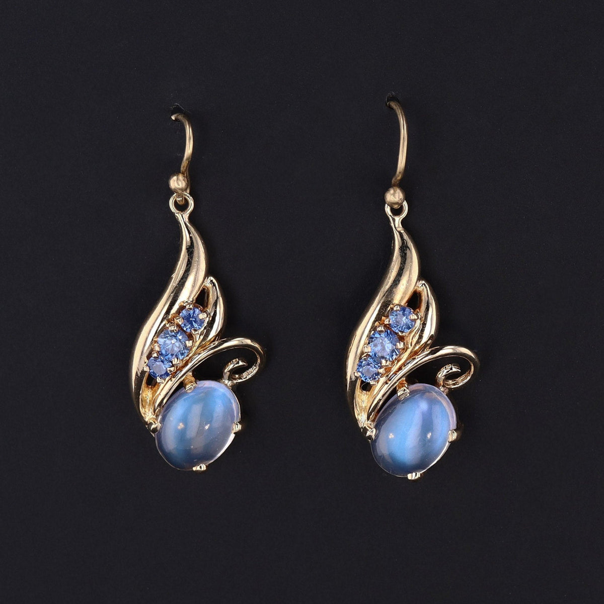 14k Gold Moonstone &amp; Sapphire Earrings | Vintage Dangle Earrings - Trademark Antiques