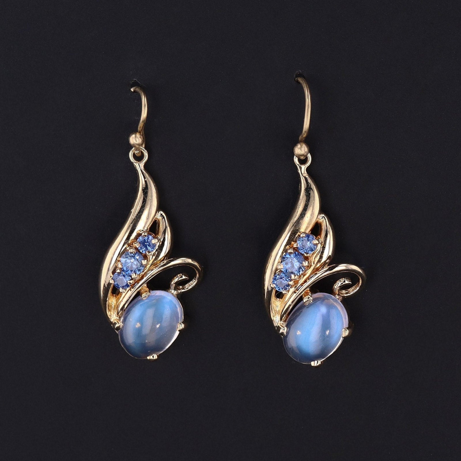 14k Gold Moonstone & Sapphire Earrings | Vintage Dangle Earrings - Trademark Antiques