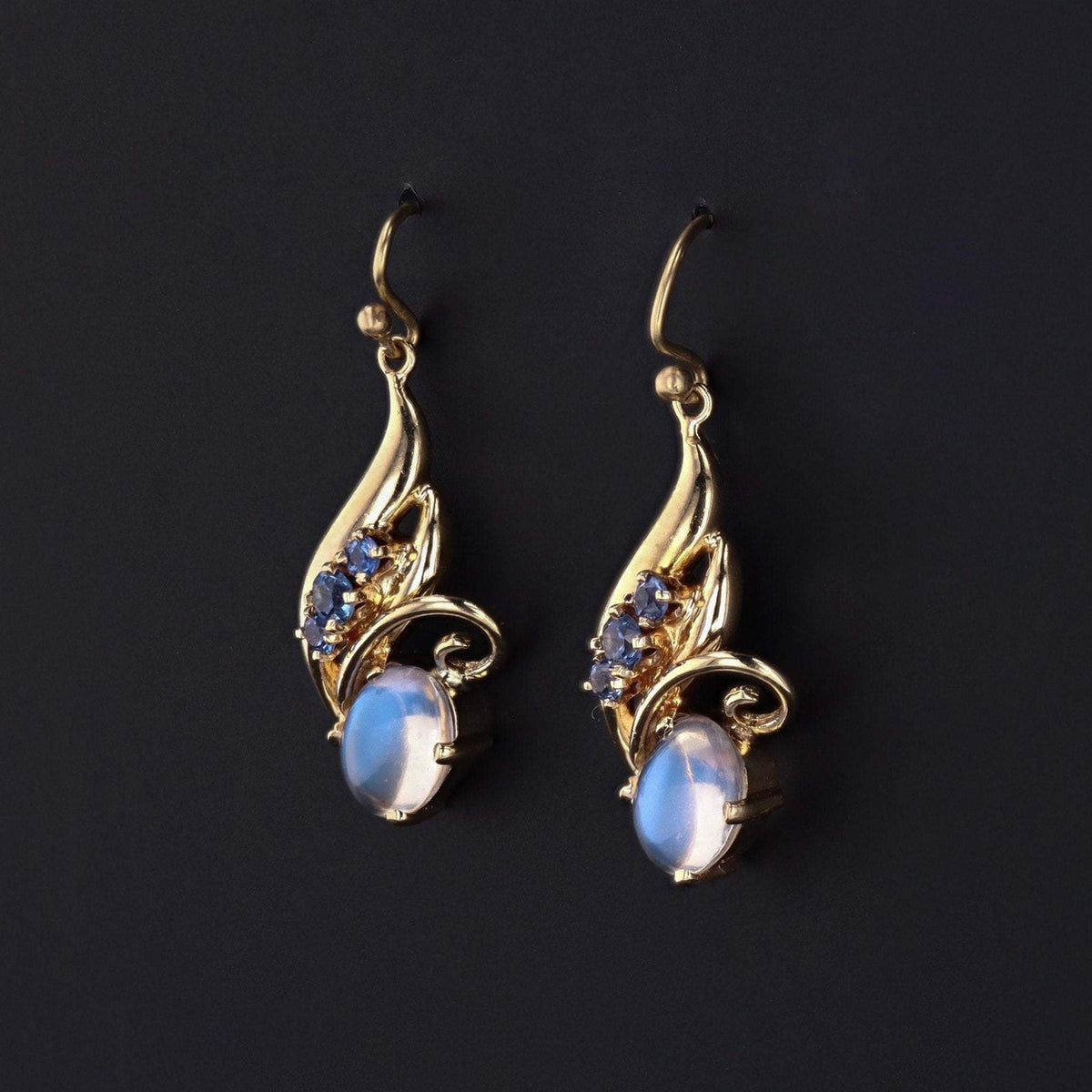 14k Gold Moonstone &amp; Sapphire Earrings | Vintage Dangle Earrings - Trademark Antiques