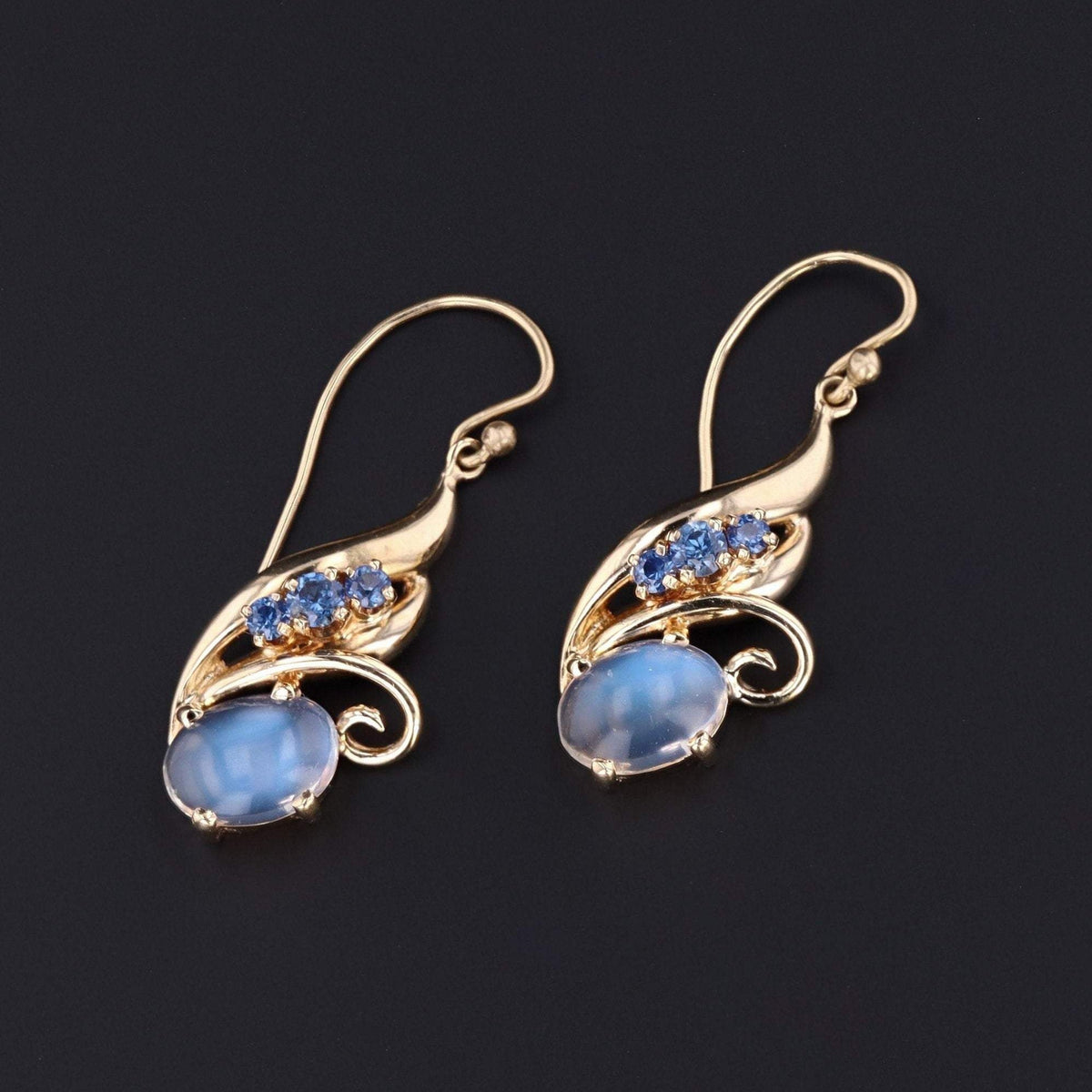 14k Gold Moonstone &amp; Sapphire Earrings | Vintage Dangle Earrings - Trademark Antiques
