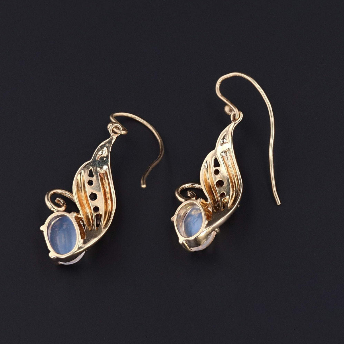 14k Gold Moonstone &amp; Sapphire Earrings | Vintage Dangle Earrings - Trademark Antiques