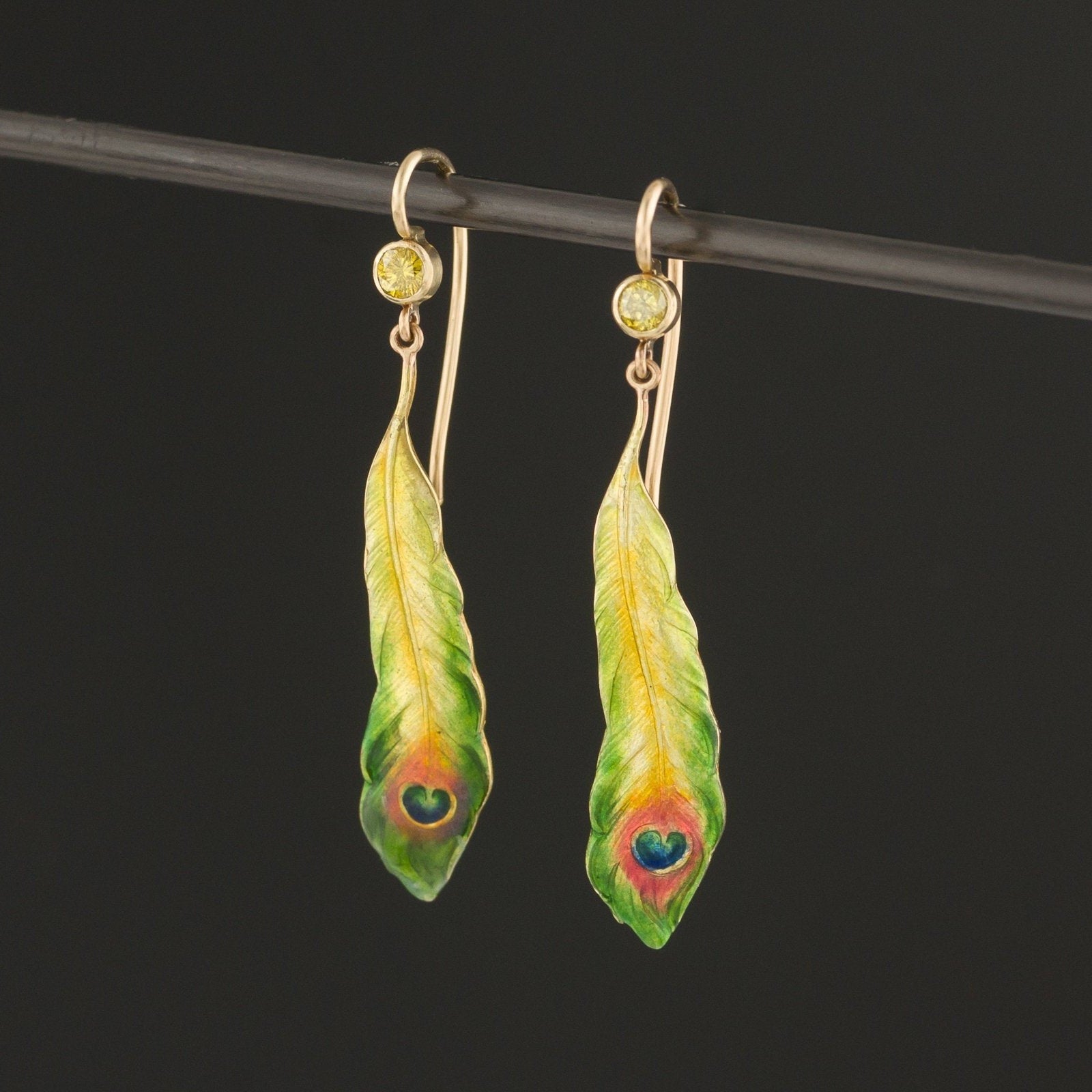 14k Gold Peacock Feather Earrings | Antique Pin Conversion Earrings - Trademark Antiques