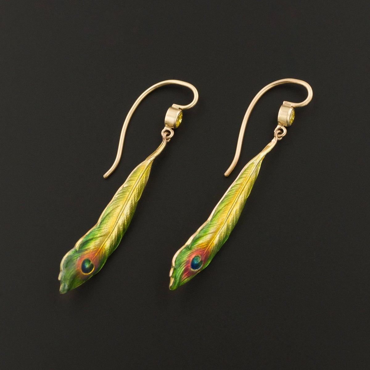 14k Gold Peacock Feather Earrings | Antique Pin Conversion Earrings - Trademark Antiques